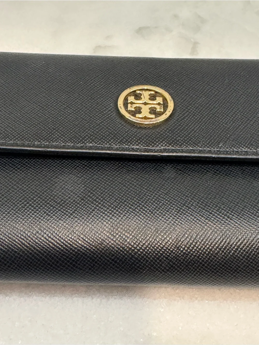 Tory Burch Black Leather Logo Flap Wallet with Gold Emblem